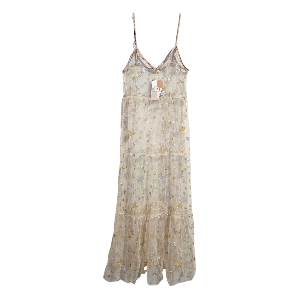 ENDLESS BLU x BOUTIQUE sheer star print dress in nude gold silver NEW Size Small
